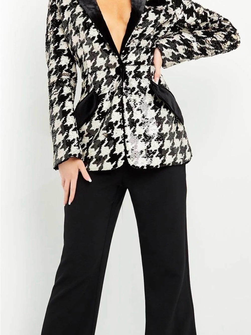 Jovani Black & White Sequined Houndstooth Blazer - Picture 2 of 10